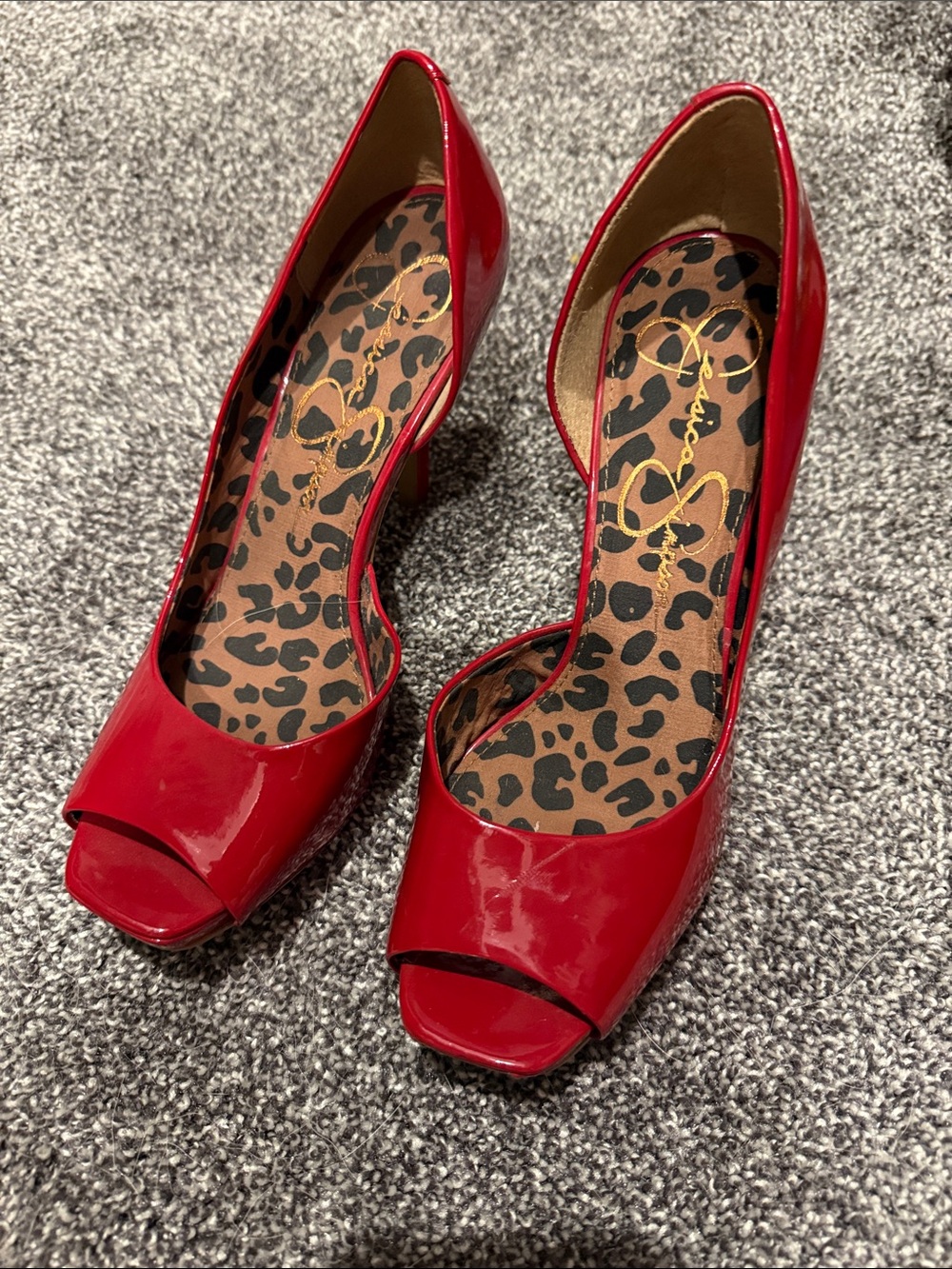Jessica Simpson Red Patent Peep Toe Heels with Leopard Insole